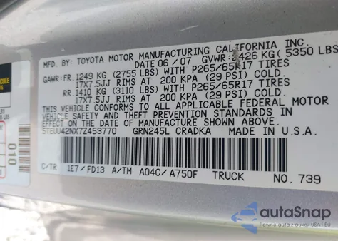 2007 Toyota Tacoma Base V6 from USA, damaged, VIN 5TEUU42NX7Z453770